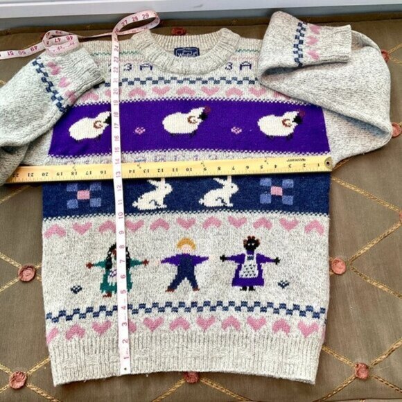 Woolrich Sweater Wool Blend Pastel Bunny Kids Sheep Hearts Crew Neck Vintage (L) - Picture 5 of 7